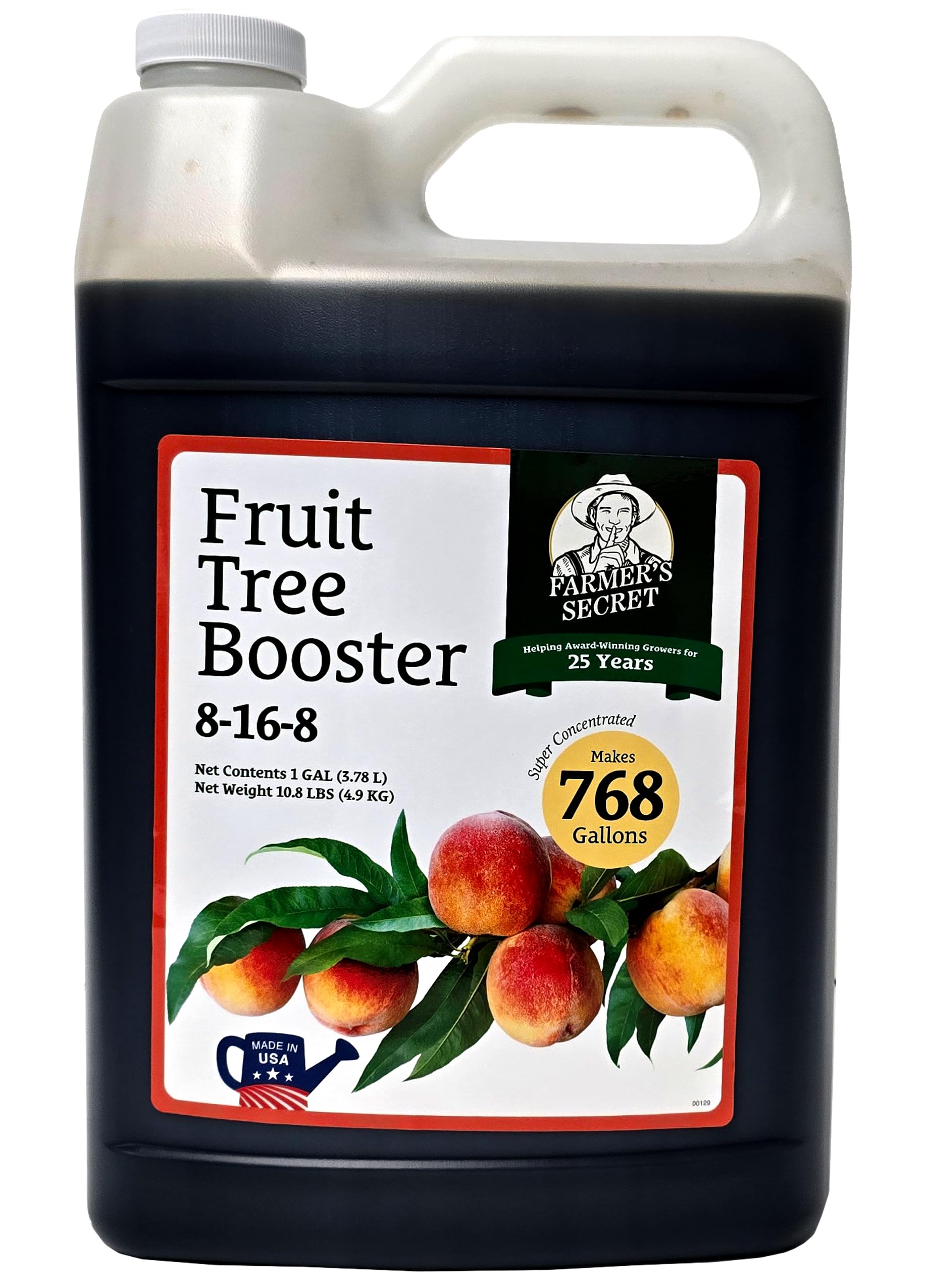 Farmer's Secret Fruit Tree Booster bottle shows 128oz formula for healthy growth.