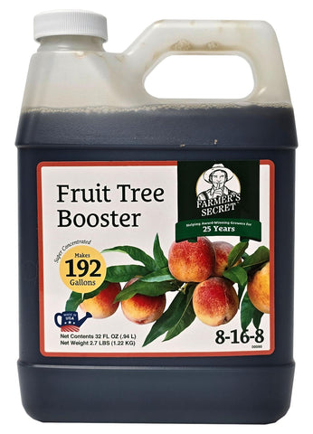Farmers Secret Fruit Tree Booster bottle front; concentrated formula for healthy fruit growth.