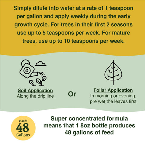 Farmer's Secret Fruit Tree Booster concentrated formula shown with measuring utensil.