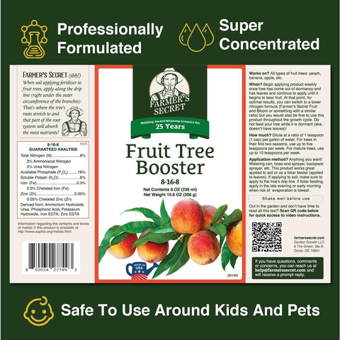 Farmer's Secret Fruit Tree Booster dilution measuring teaspoon demonstrates easy weekly feeding.