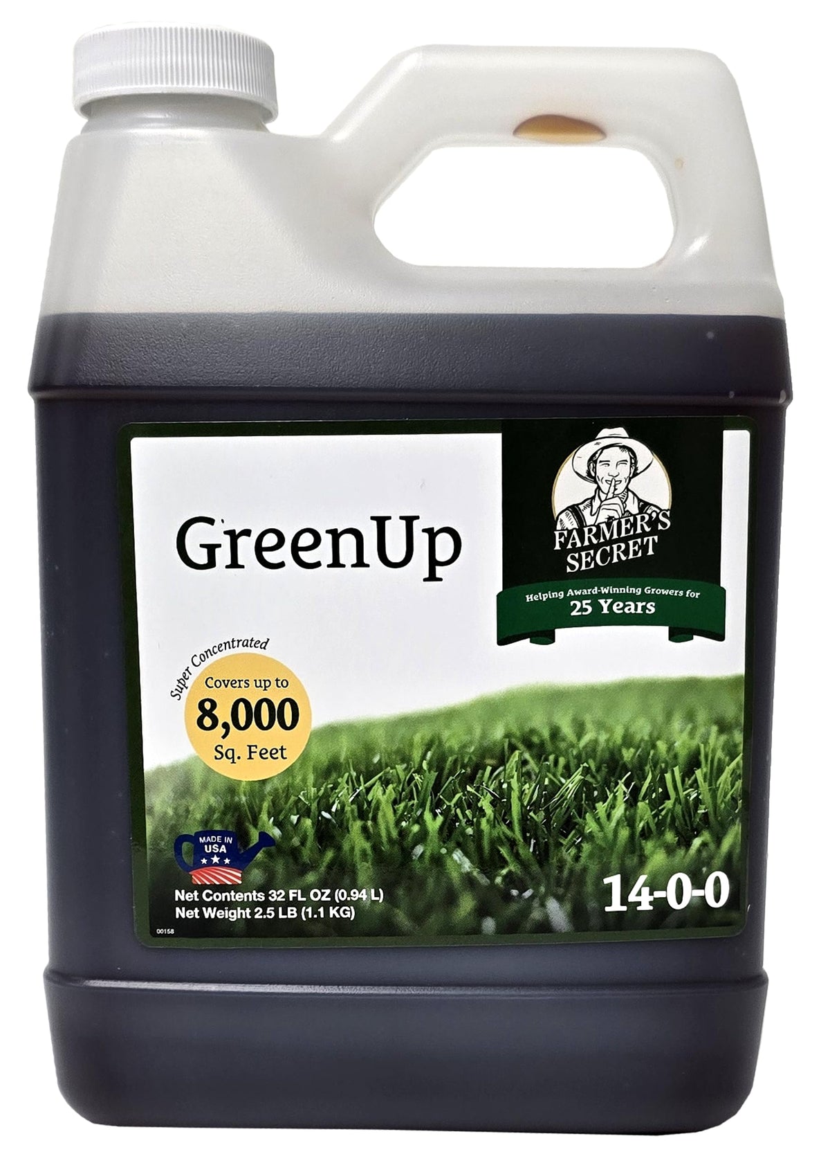 Farmers Secret GreenUp bottle-front shows quick lawn green-up potential.