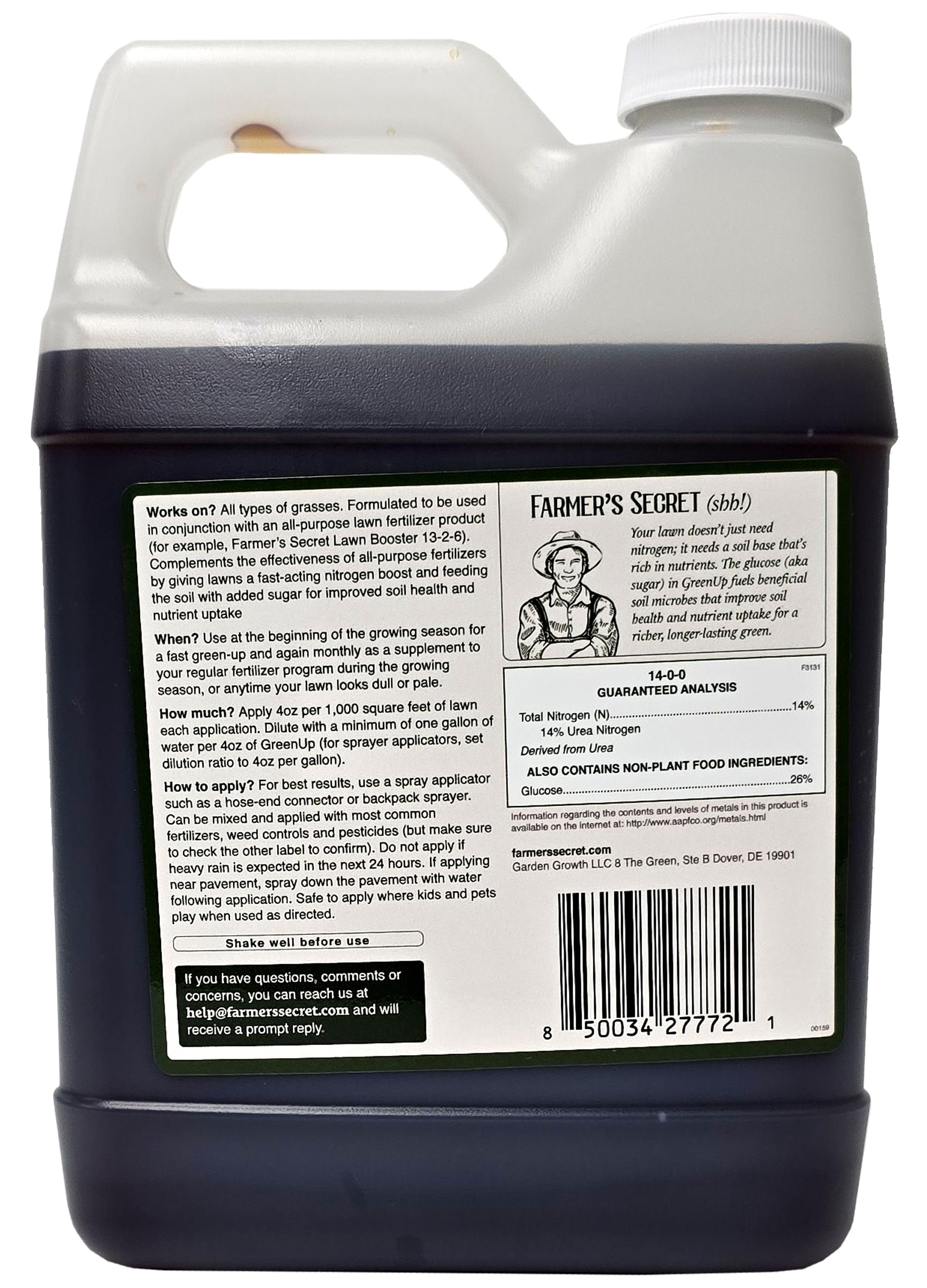 Farmers Secret GreenUp bottle-pour demonstrates fast, even application.