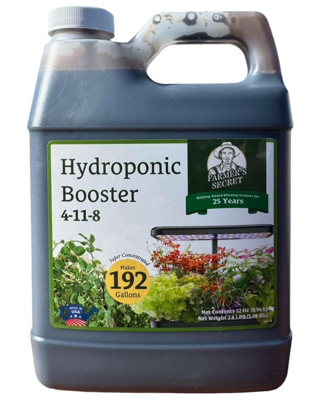 Farmer's Secret hydroponic booster bottle close-up for home gardens, supports healthy growth.