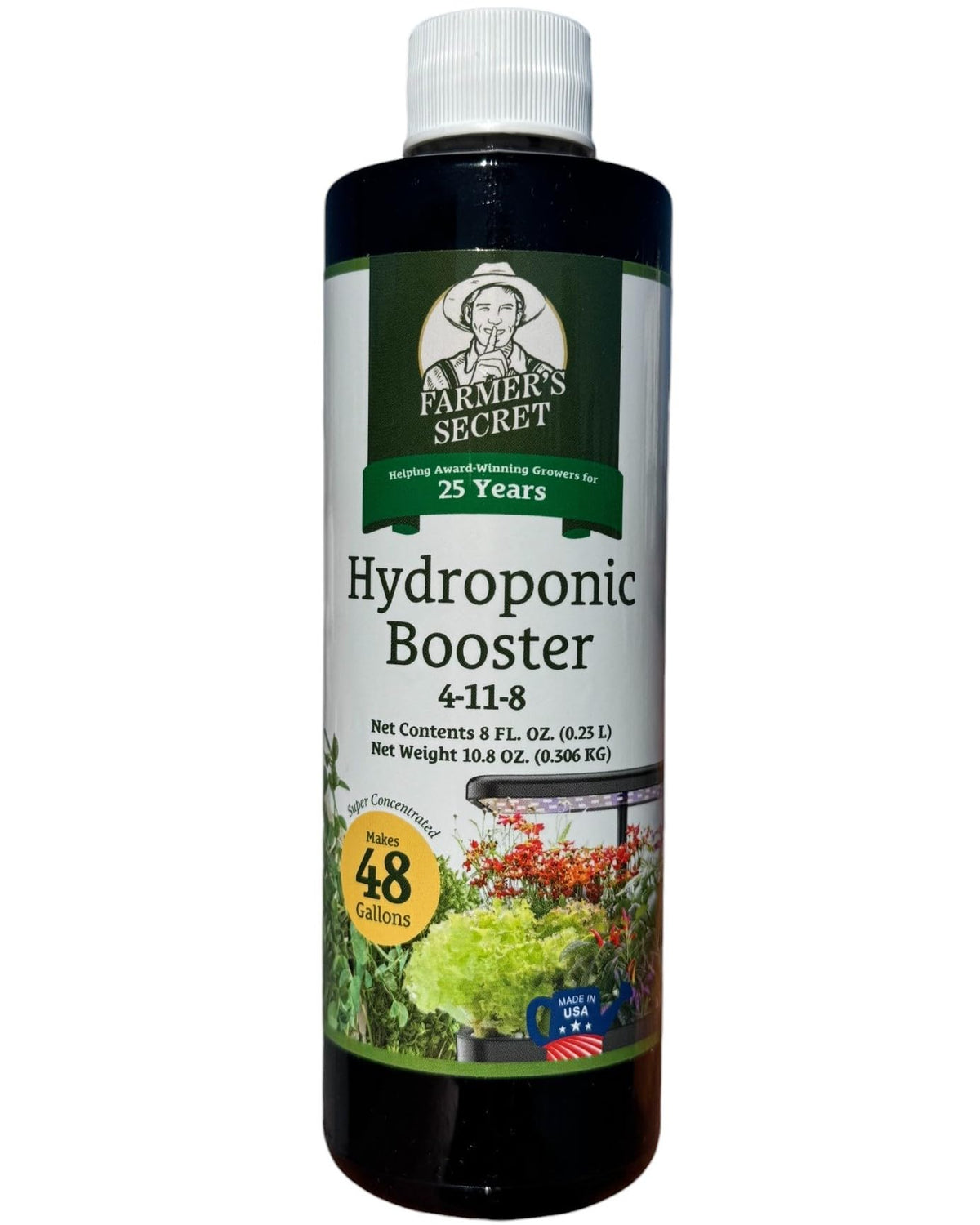 Farmer's Secret hydroponic booster bottle delivers steady nutrient delivery.
