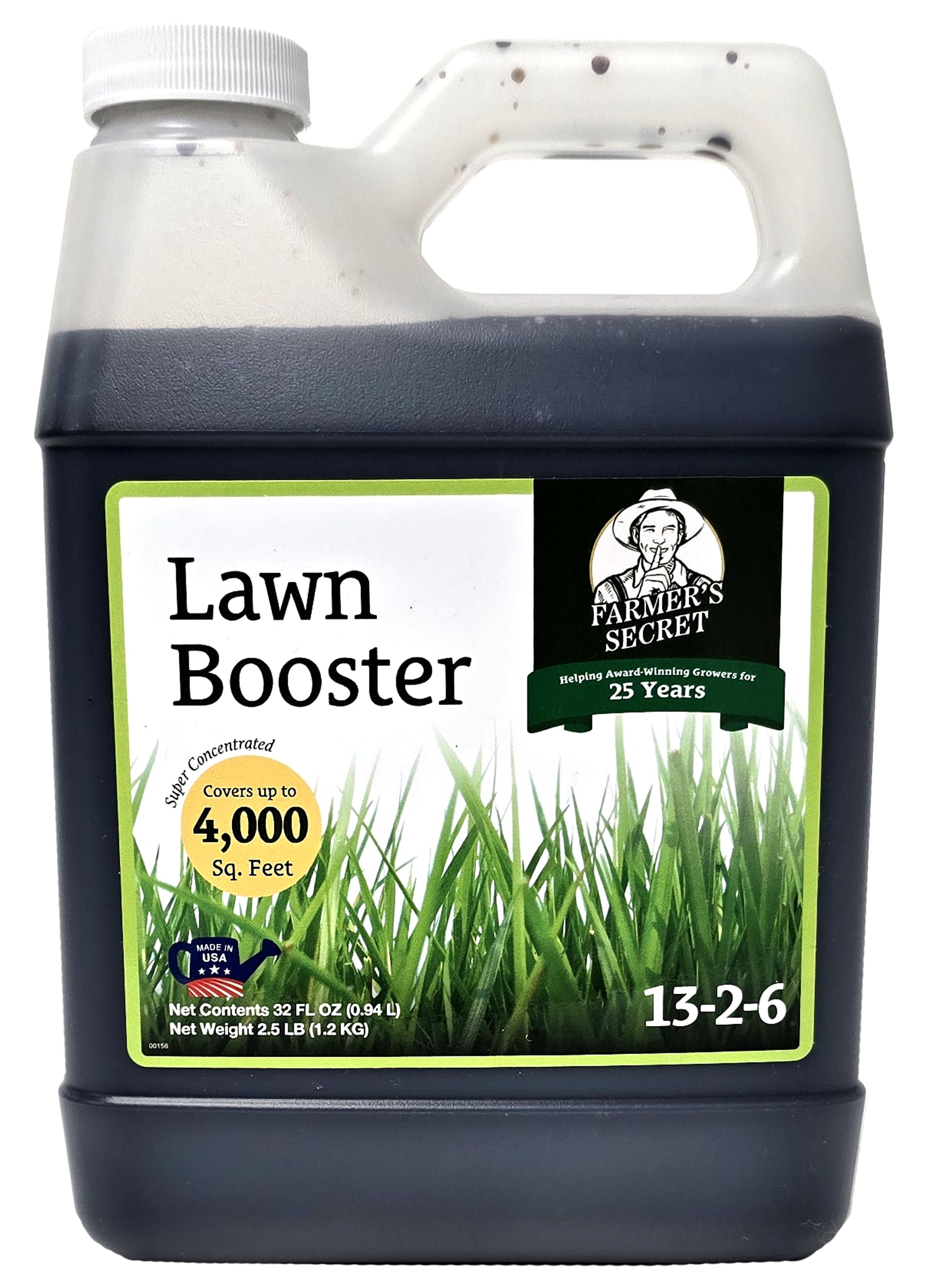 Farmer's Secret Lawn Booster bottle pour enables even, mess-free application for lush turf.