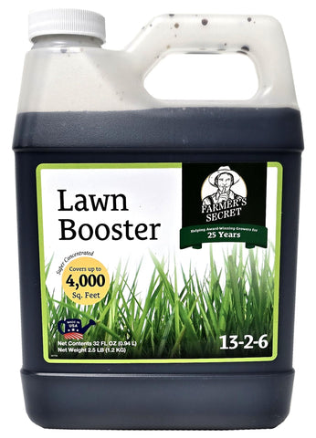 Farmer's Secret Lawn Booster bottle pour enables even, mess-free application for lush turf.