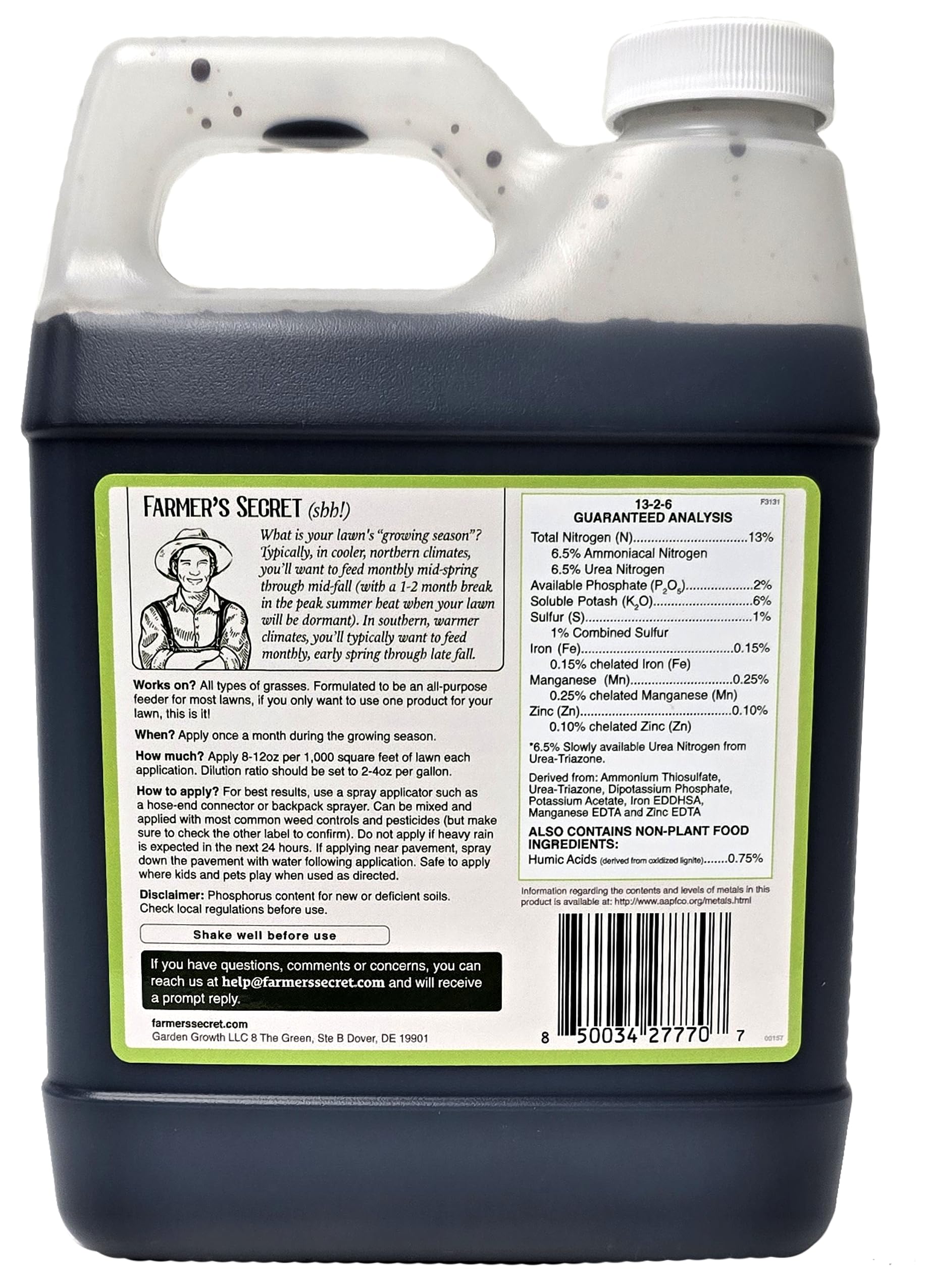 Farmer's Secret Lawn Booster measuring cap demonstrates precise dosing for safe feeding.