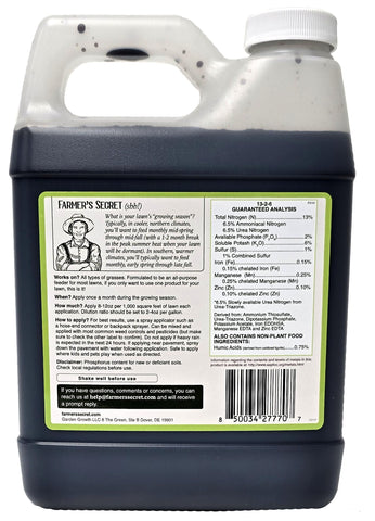 Farmer's Secret Lawn Booster measuring cap demonstrates precise dosing for safe feeding.