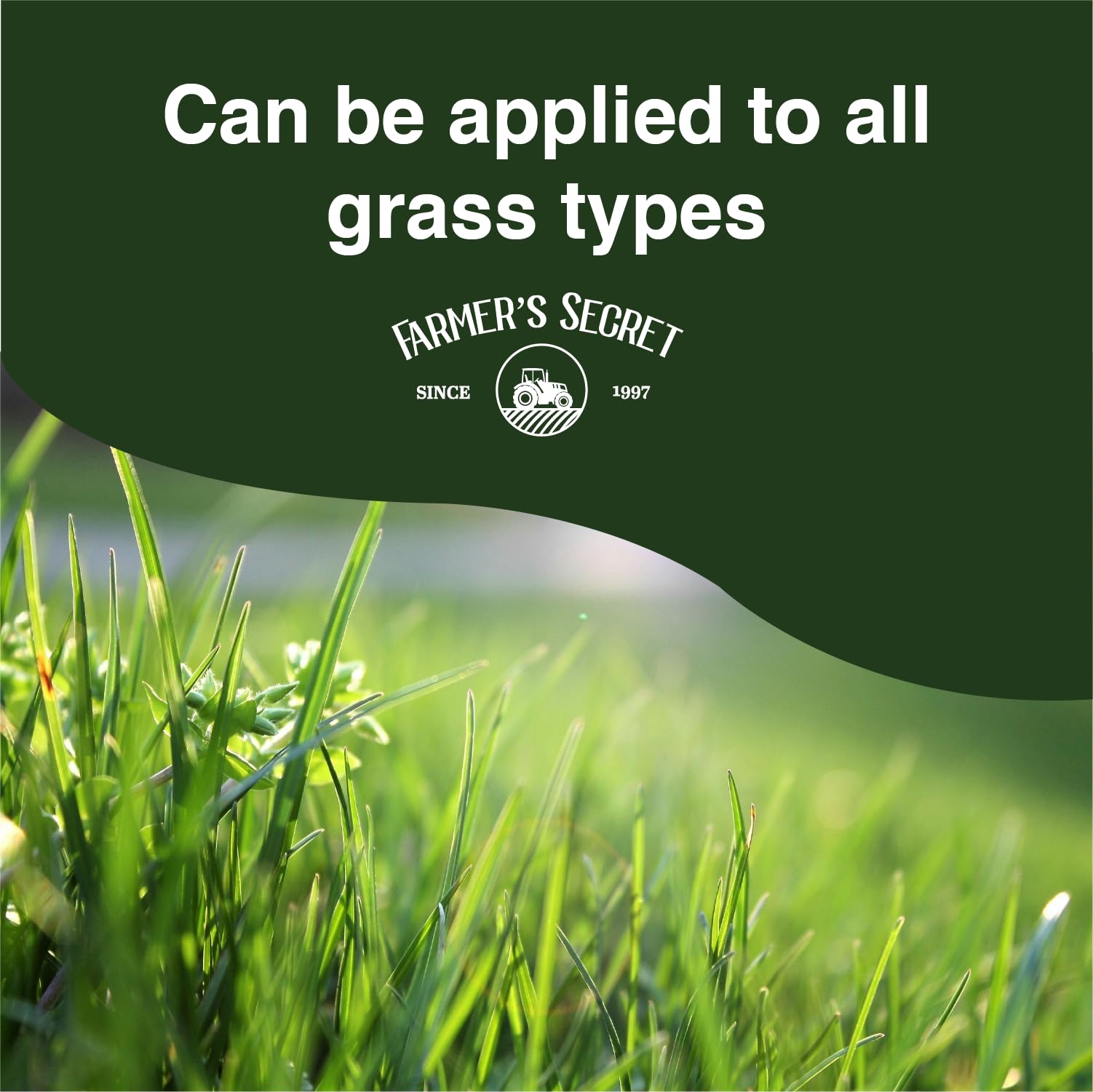 Farmer's Secret Lawn Booster spreader-application shows convenient fertilization for all lawn types.