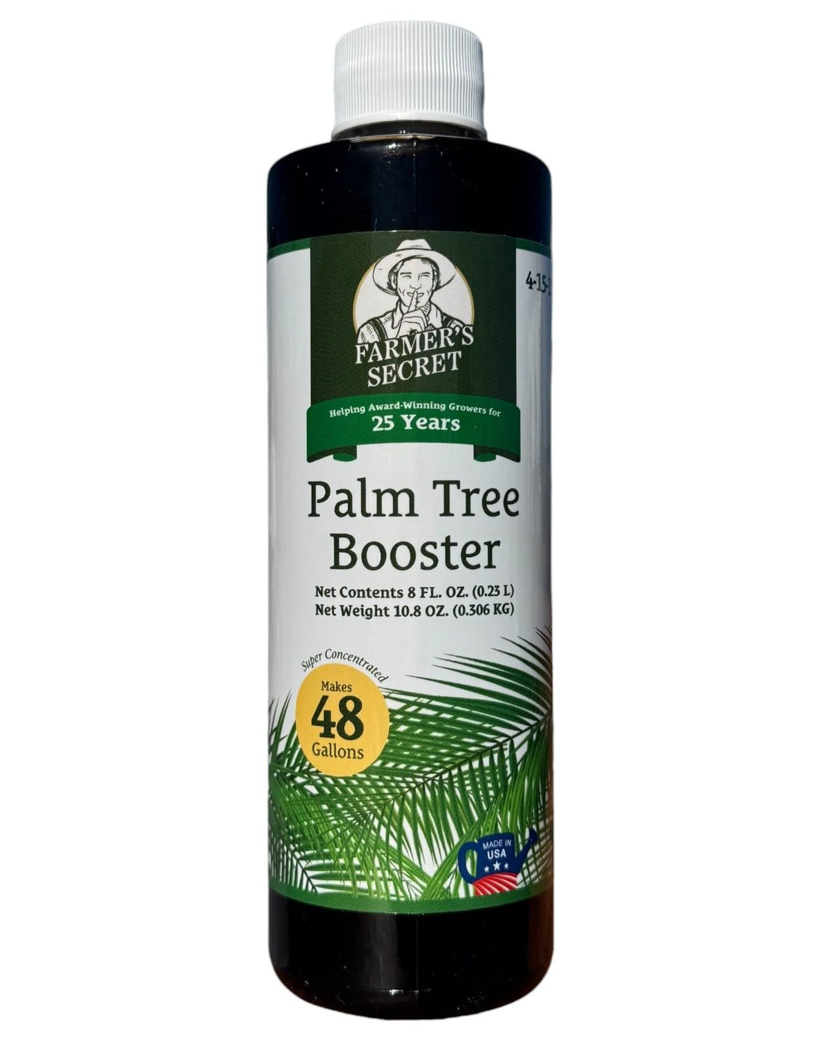 Farmer's Secret palm tree booster bottle front view highlights concentrated formula for healthy growth.