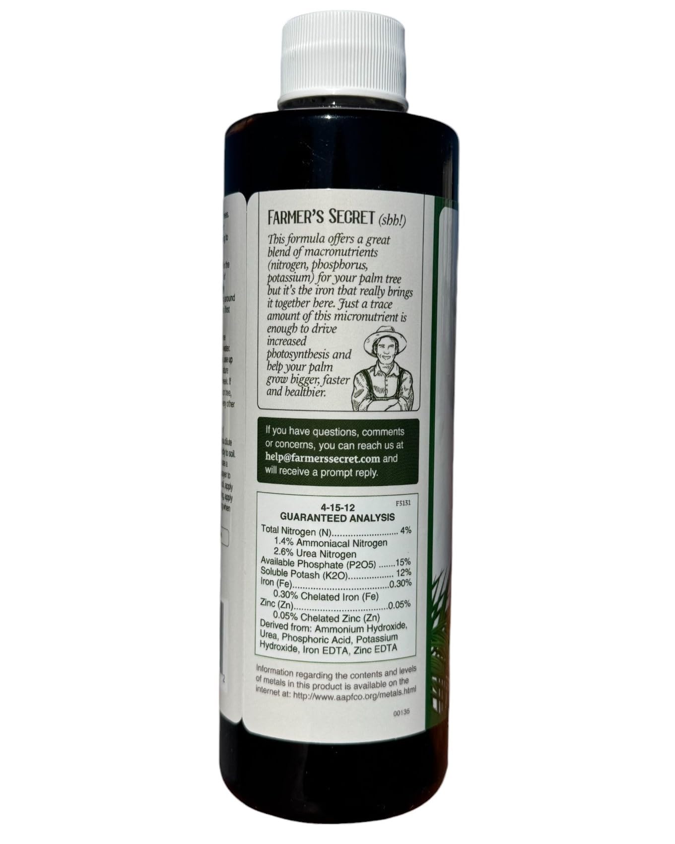 Farmer's Secret palm tree booster dilution measurement shows the teaspoon-to-gallon ratio for weekly feeding.