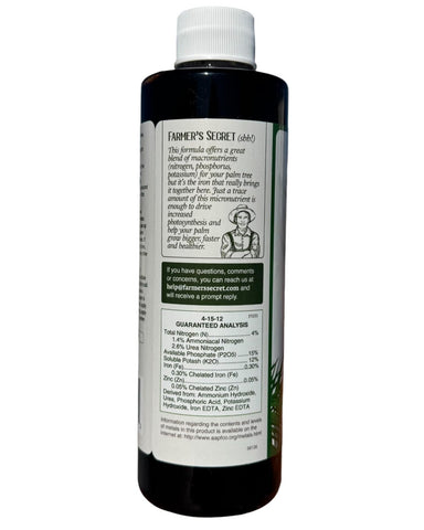 Farmer's Secret palm tree booster dilution measurement shows the teaspoon-to-gallon ratio for weekly feeding.