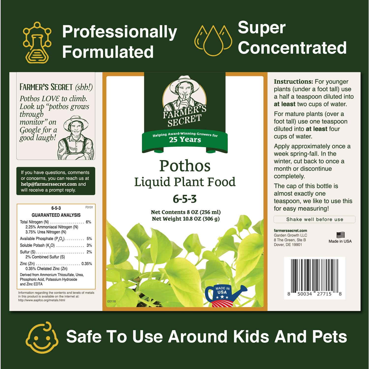 Measuring spoon with Farmer's Secret pothos liquid food illustrating easy weekly dilution