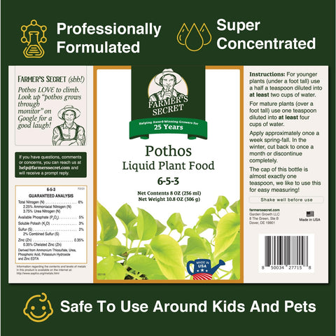 Measuring spoon with Farmer's Secret pothos liquid food illustrating easy weekly dilution