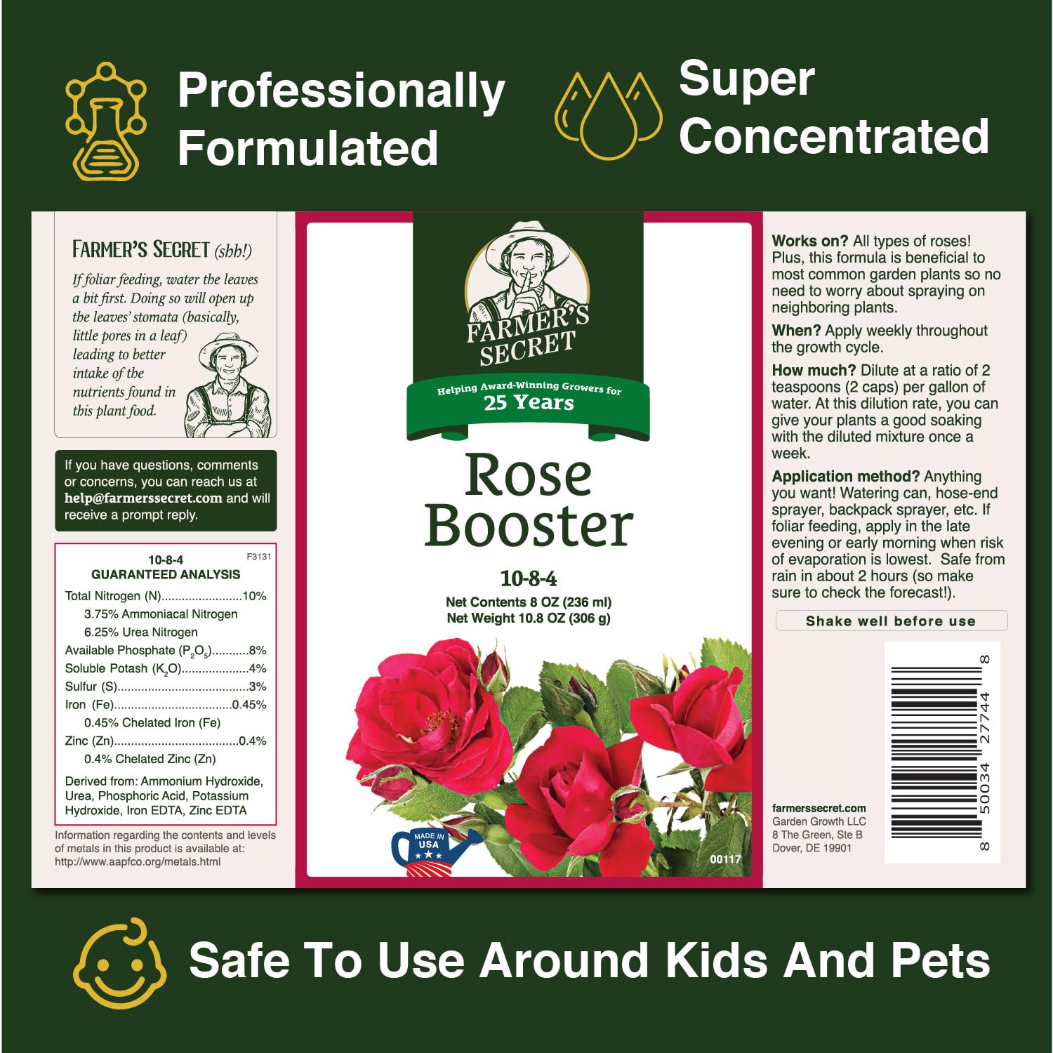 Farmer's Secret Rose Booster bottle label highlights high concentration for efficient garden feeding