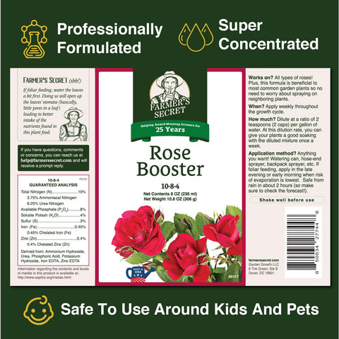 Farmer's Secret Rose Booster bottle label highlights high concentration for efficient garden feeding
