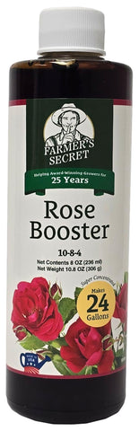 Farmer's Secret Rose Booster bottle pour demonstrates easy weekly feeding for lush roses
