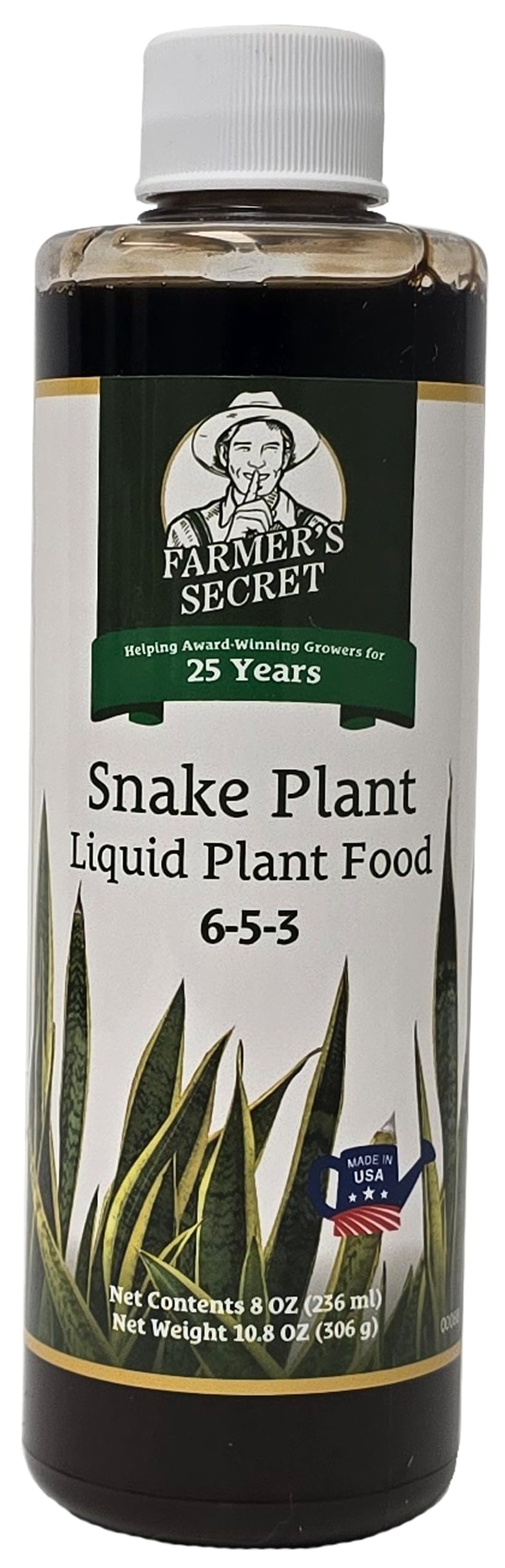 Farmer’s Secret snake plant liquid fertilizer bottle boosts root strength for healthier growth.