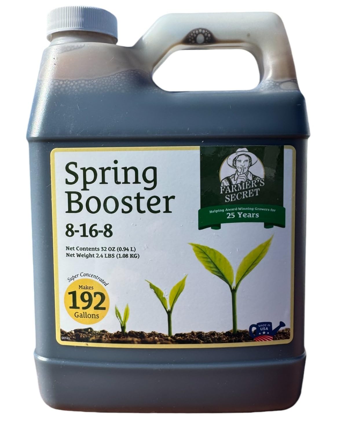 Farmer's Secret Spring Booster bottle shown for spring garden nutrition.