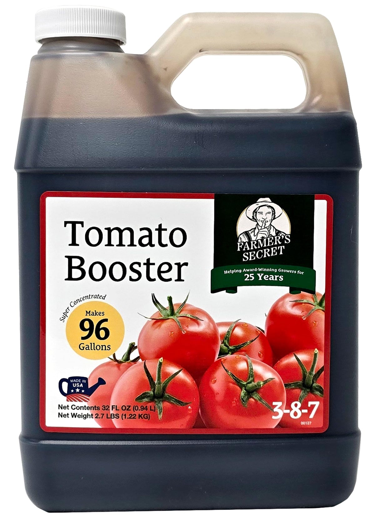 Farmer's Secret Tomato Booster bottle closeup highlights a powerful formula for robust fruit set.
