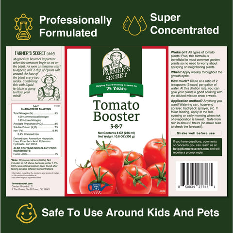Farmer's Secret Tomato Booster bottle pour demonstrates easy weekly feeding for thriving tomatoes.