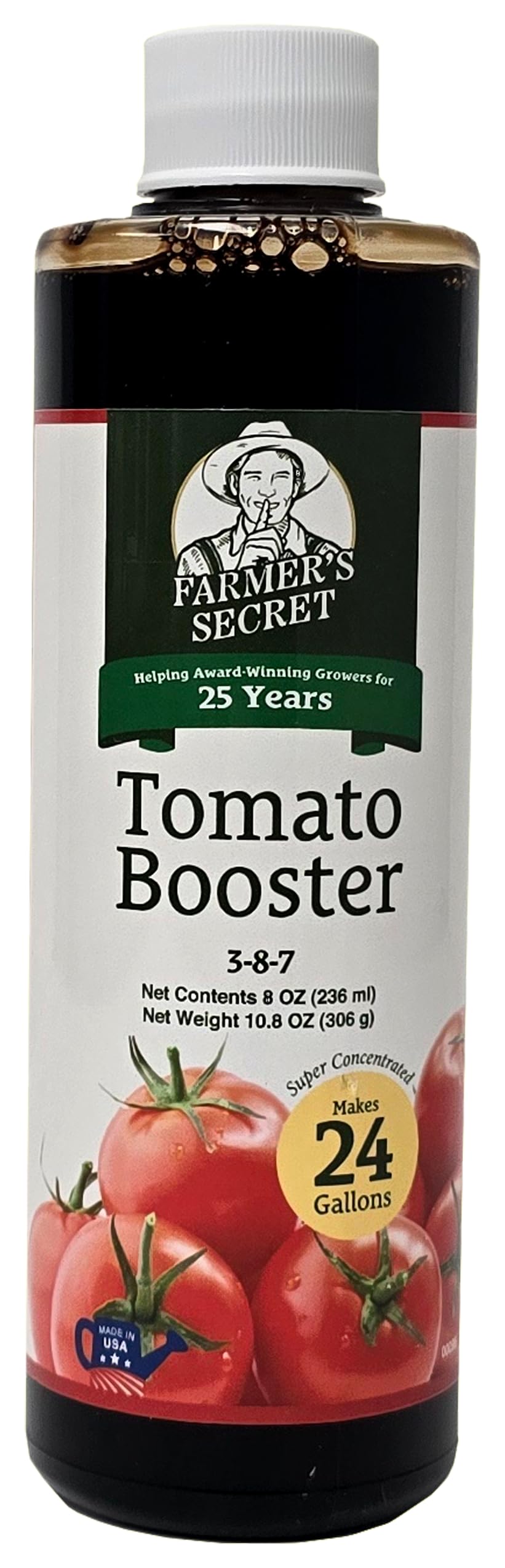 Farmers Secret Tomato Booster bottle ready for home garden use to boost tomato size.