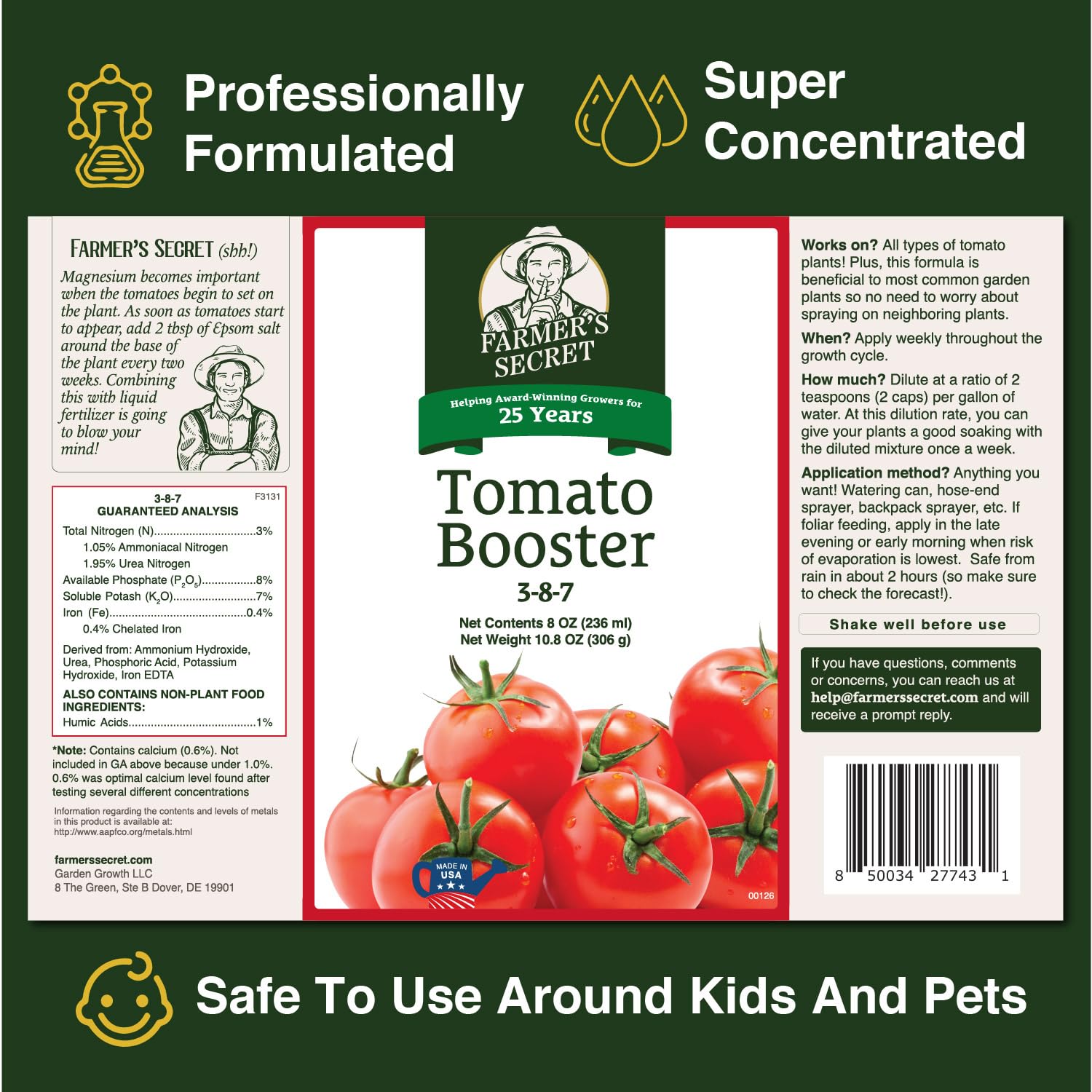 Farmers Secret Tomato Booster dilution in water prepared for weekly feeding.