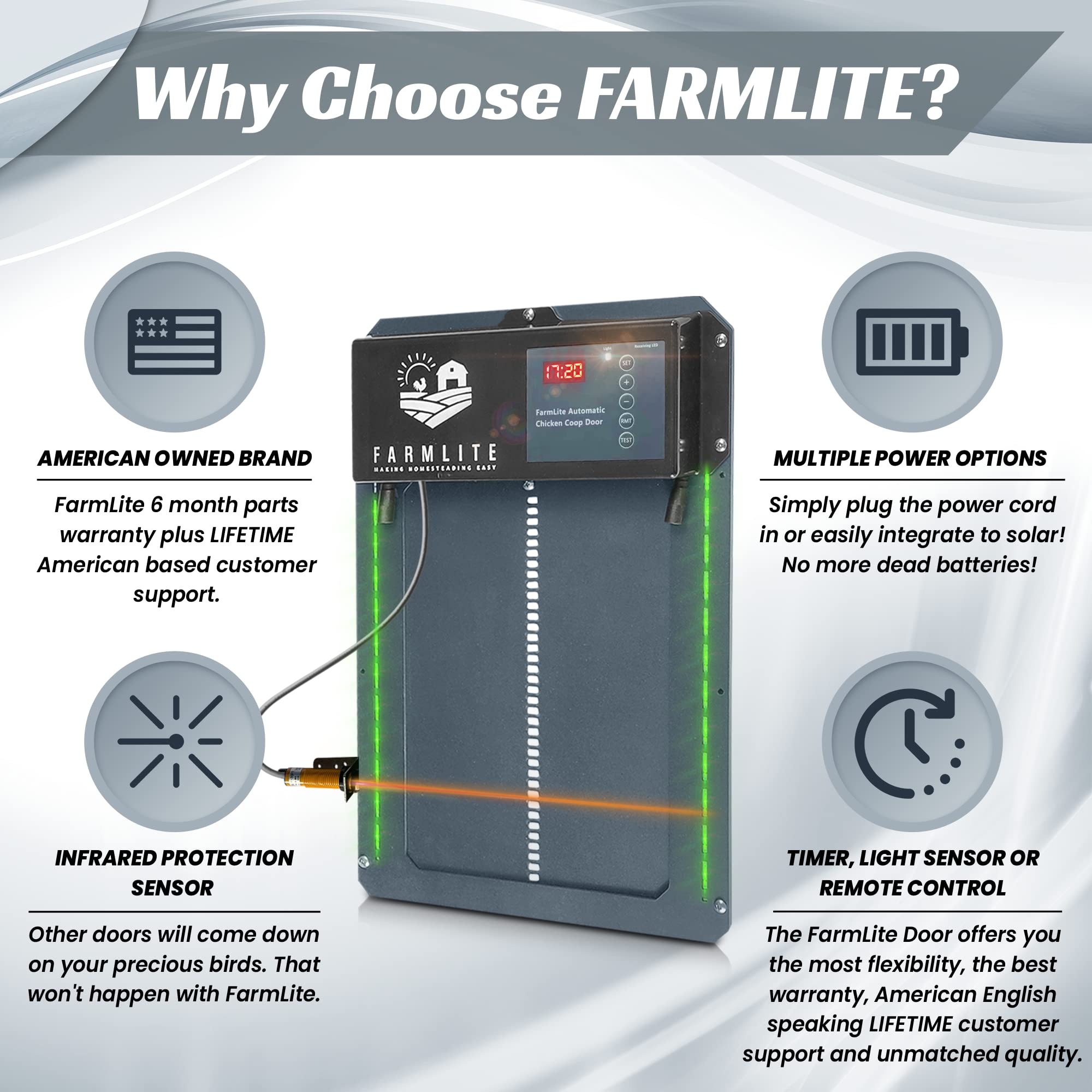 Infrared motion sensor highlighted on FarmLite door improving safety during closing
