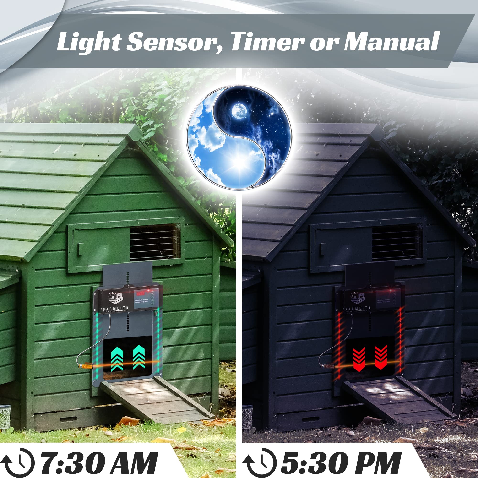Timer interface showing adjustable schedule for FarmLite coop door