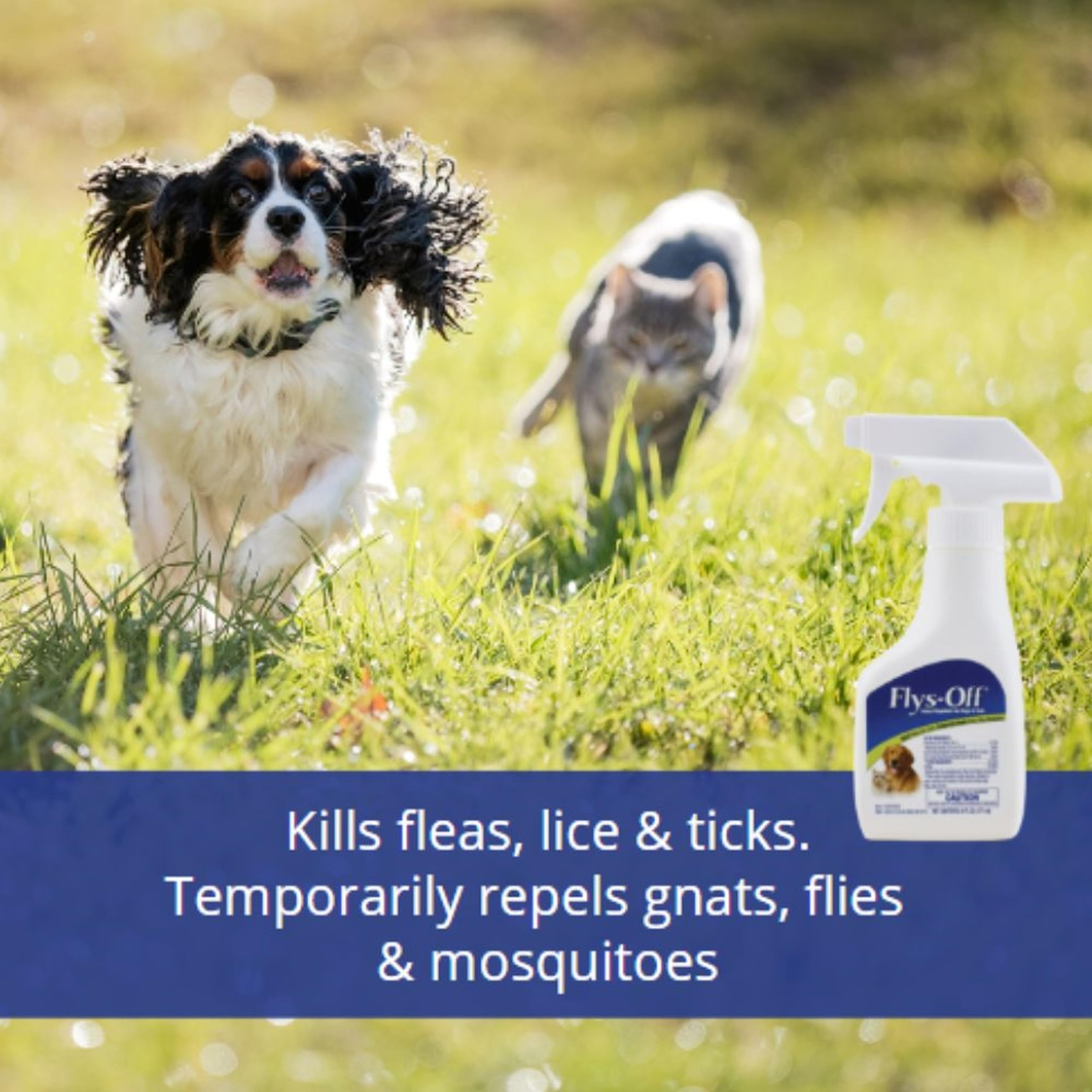 Farnam Flys-Off pump spray in use for fast pet pest protection.
