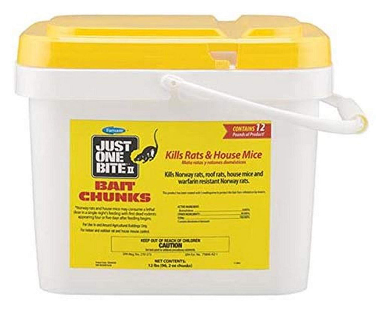 Farnam Just One Bite II bait chunks used for rodent control around agricultural buildings.
