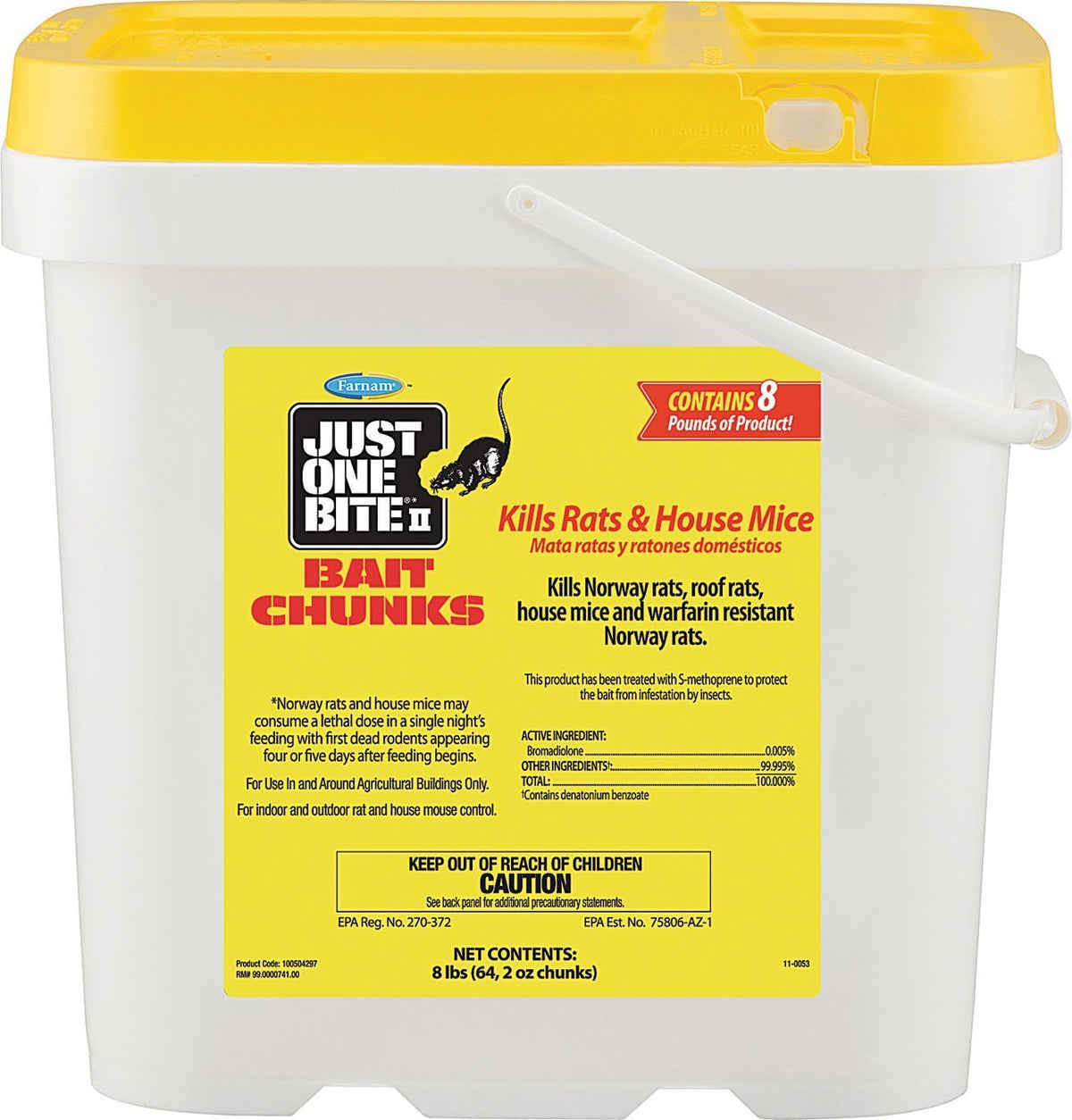 Farnam Just One Bite II bait chunks in an 8 lb box for farm rodent control.