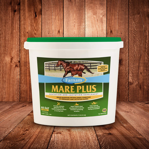 Farnam Mare Plus pellets feeding scene, supports mare condition during lactation.
