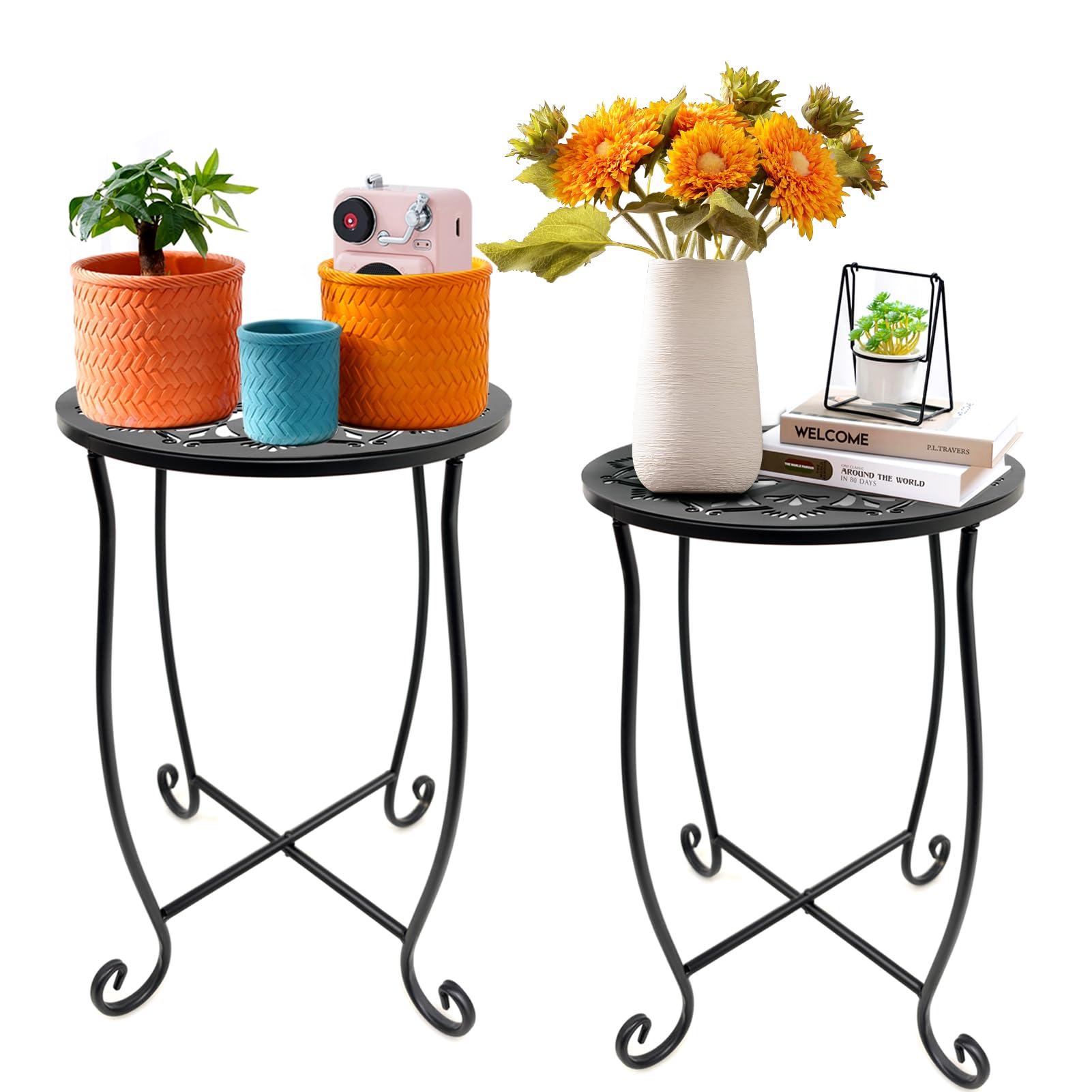 Fashion&cool outdoor side table 2 pack, round metal design for patio and balcony.