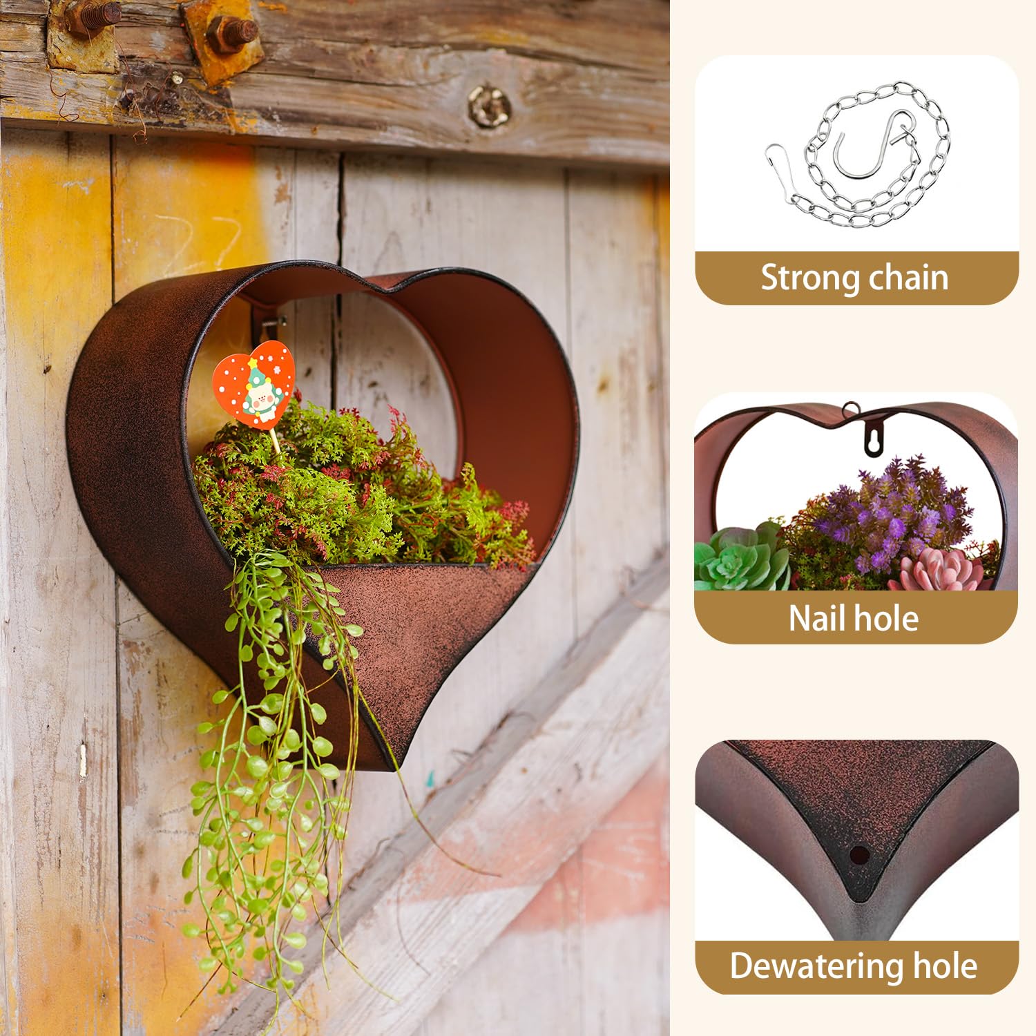 Fashionoda metal heart planter on wall creates boho or farmhouse style