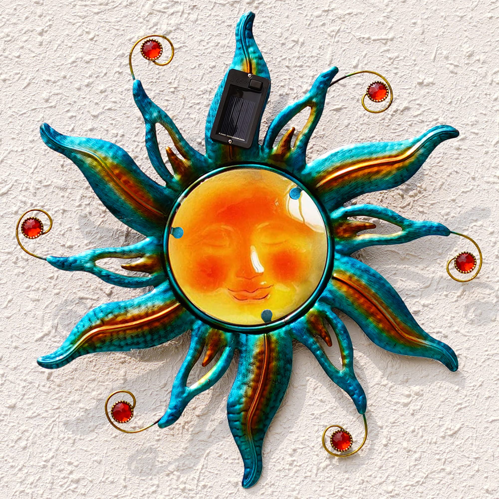 Fashionoda solar sun face wall art in blue with LED glow for outdoor ambiance.