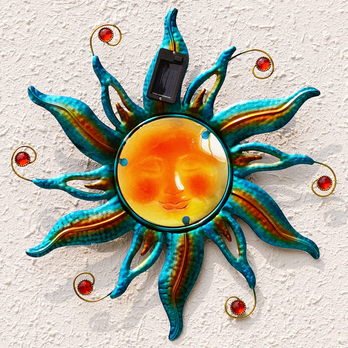 Fashionoda solar sun face wall art in blue with LED glow for outdoor ambiance.