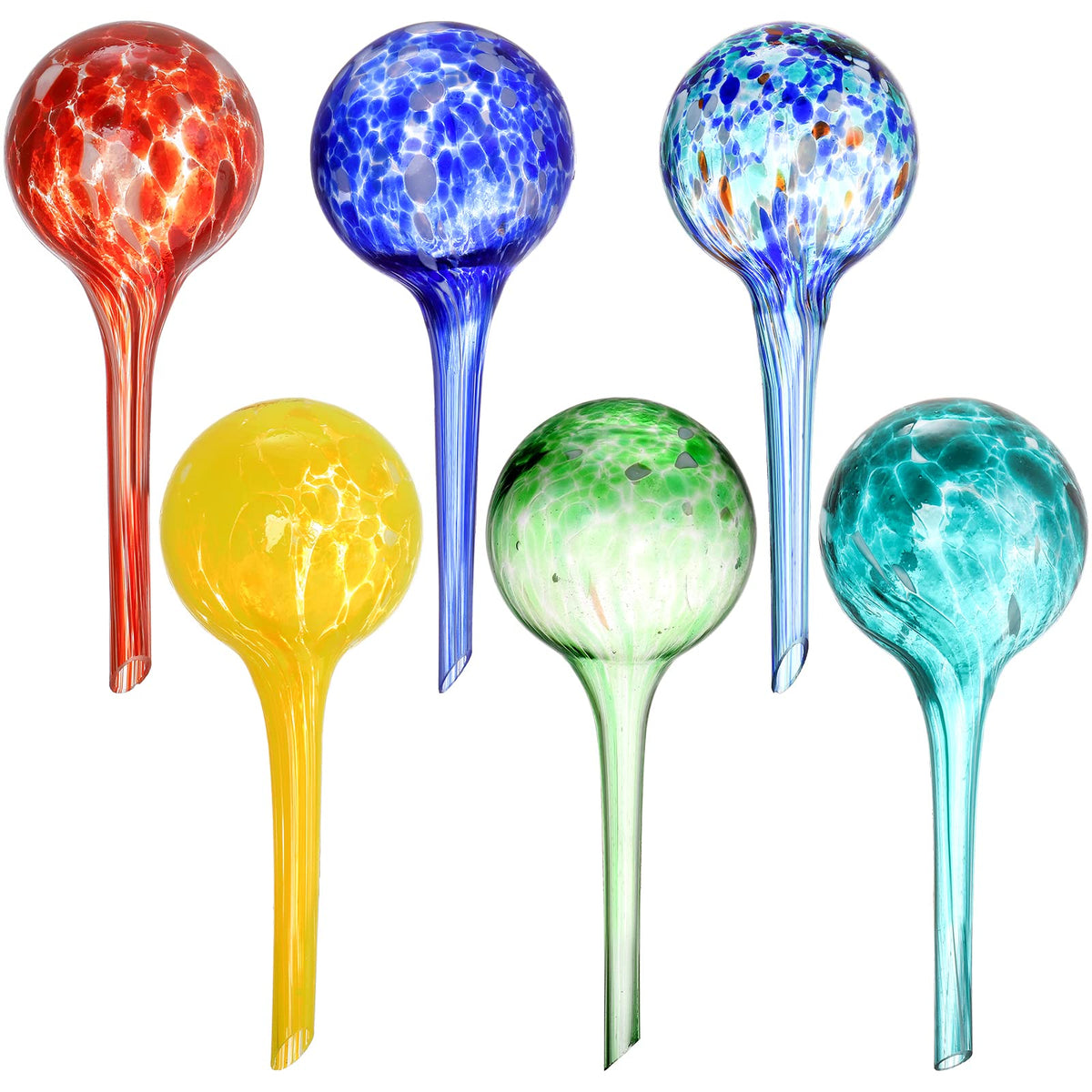 Fasmov six glass watering bulbs arranged for vibrant indoor plant care.