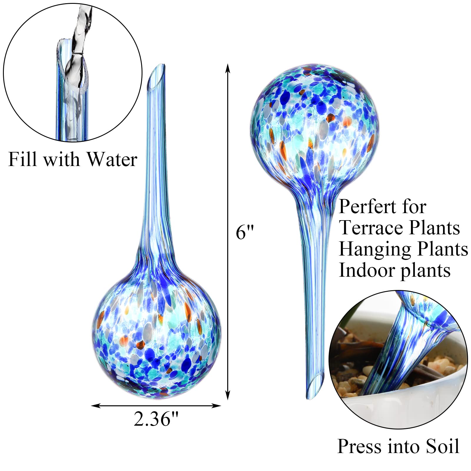 Colorful Fasmov glass watering globes ready to water hanging plants.