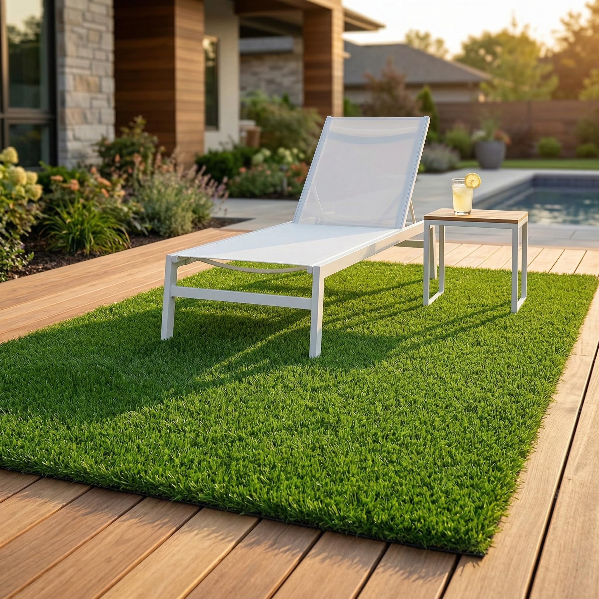 Fasmov lawn turf near poolside area with quick-dry surface