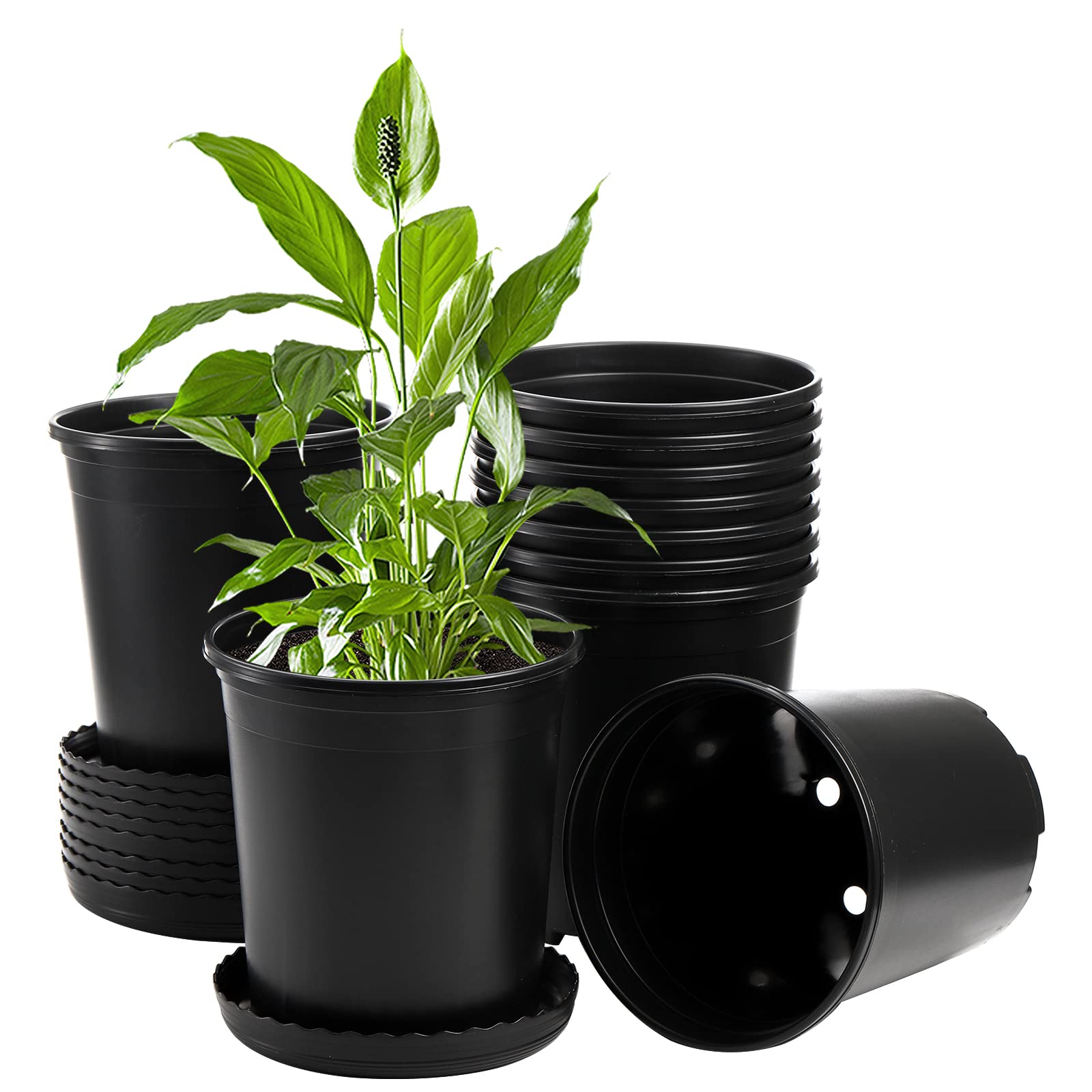 Durable black plastic nursery pots stack neatly for storage.