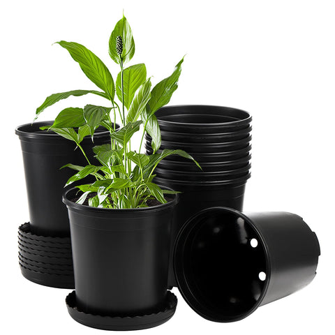 Durable black plastic nursery pots stack neatly for storage.
