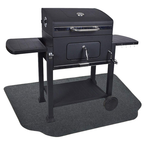 Fasmov under-grill protective deck mat guards a wooden deck from oil splatters.