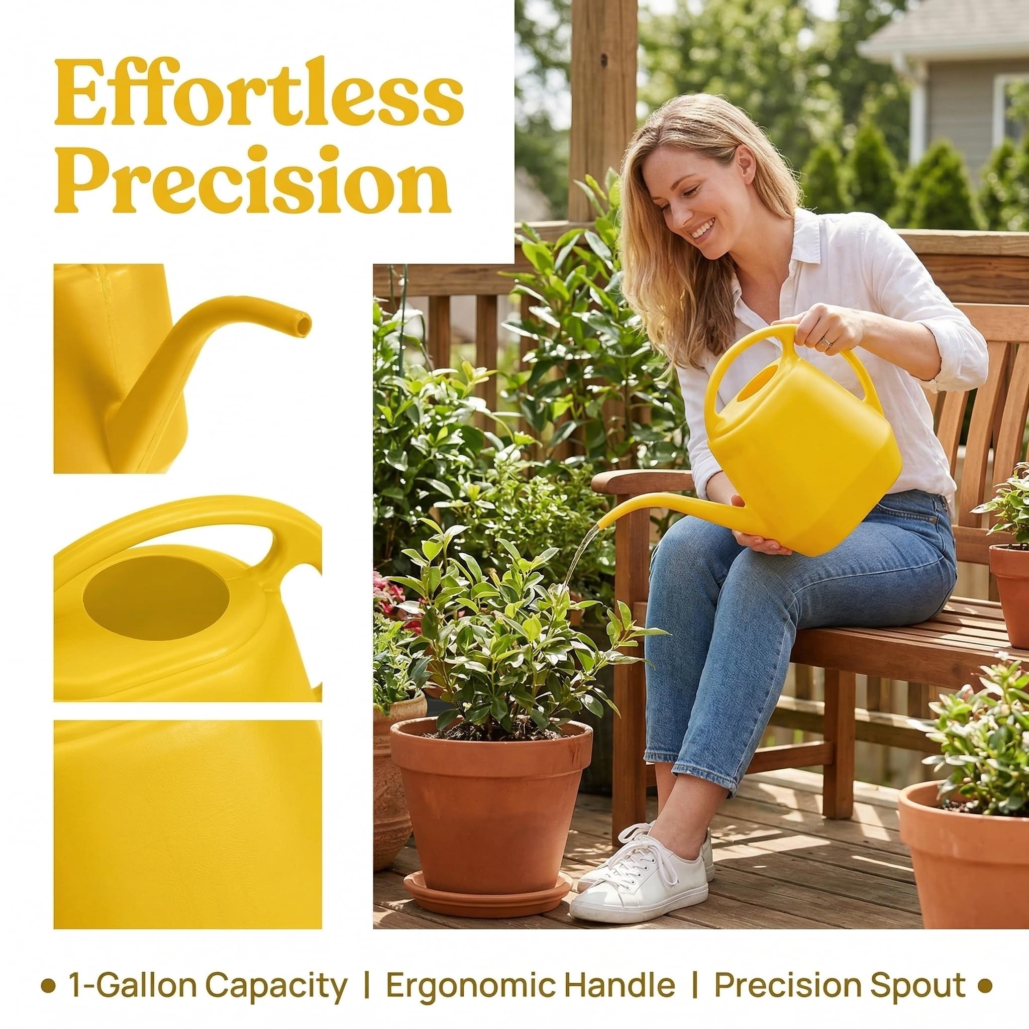 Fasmov yellow watering can in use, lightweight and easy to store
