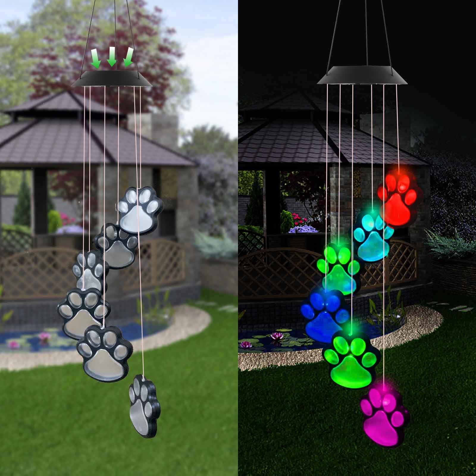 fasohere paw prints wind chimes close up with illuminated paw motifs powered by sun