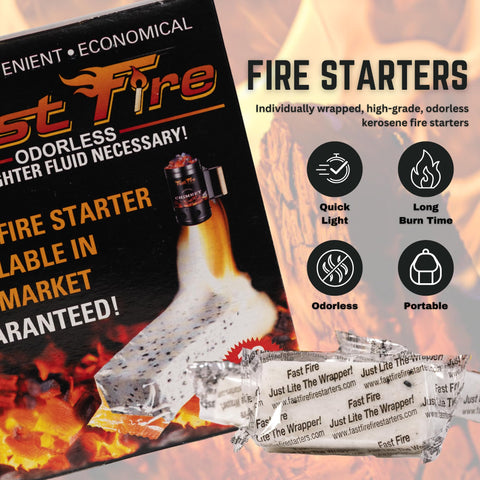Fast Fire Odorless Fire Starter Cubes light easily for grills and campfires without odor.