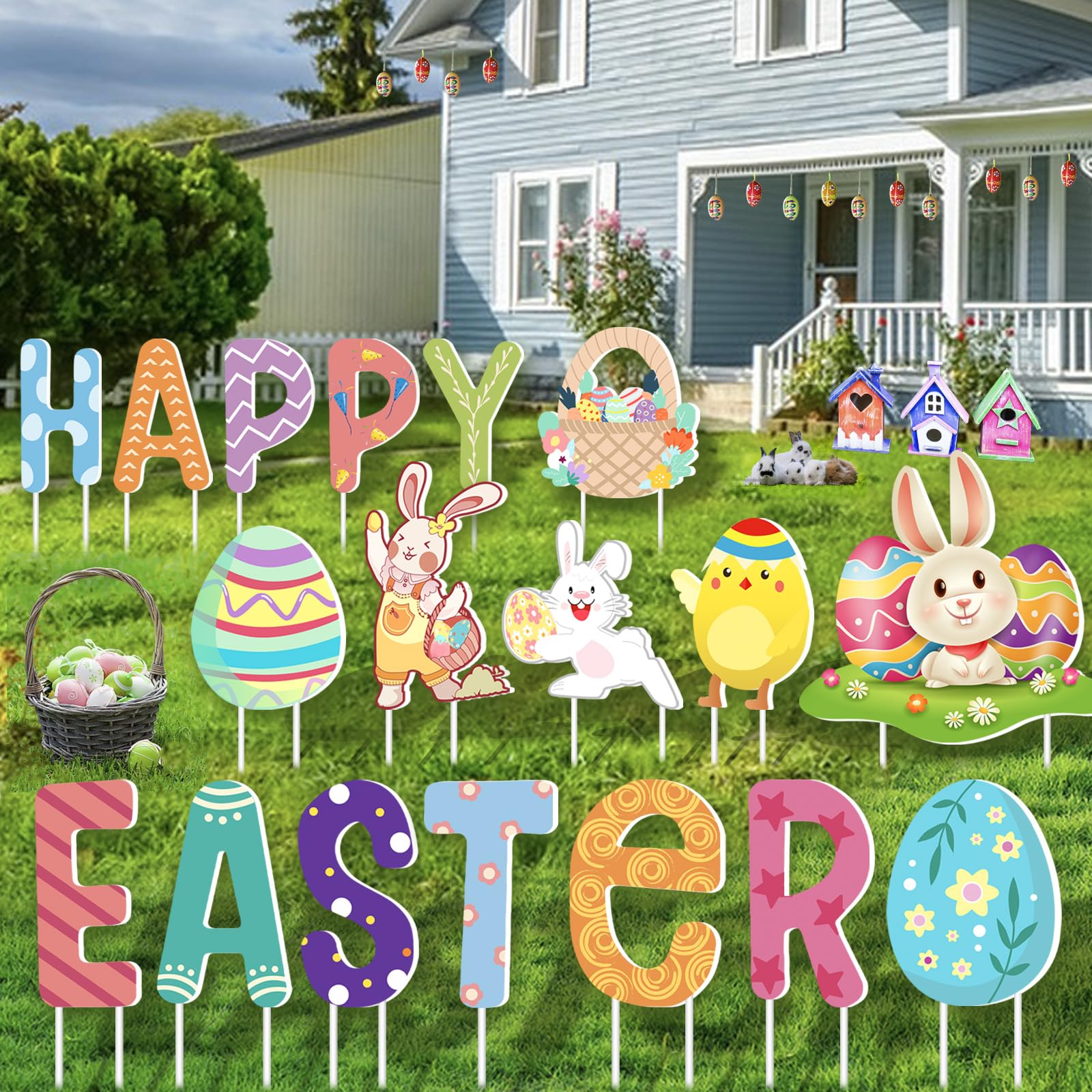 FathiSooc happy easter yard signs kit, vibrant 18-piece display for festive outdoor decor.