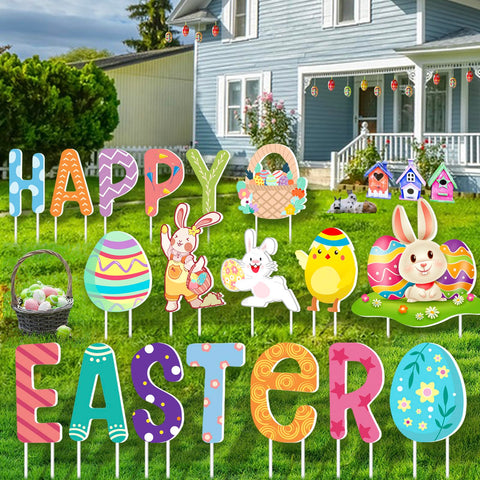 FathiSooc happy easter yard signs kit, vibrant 18-piece display for festive outdoor decor.