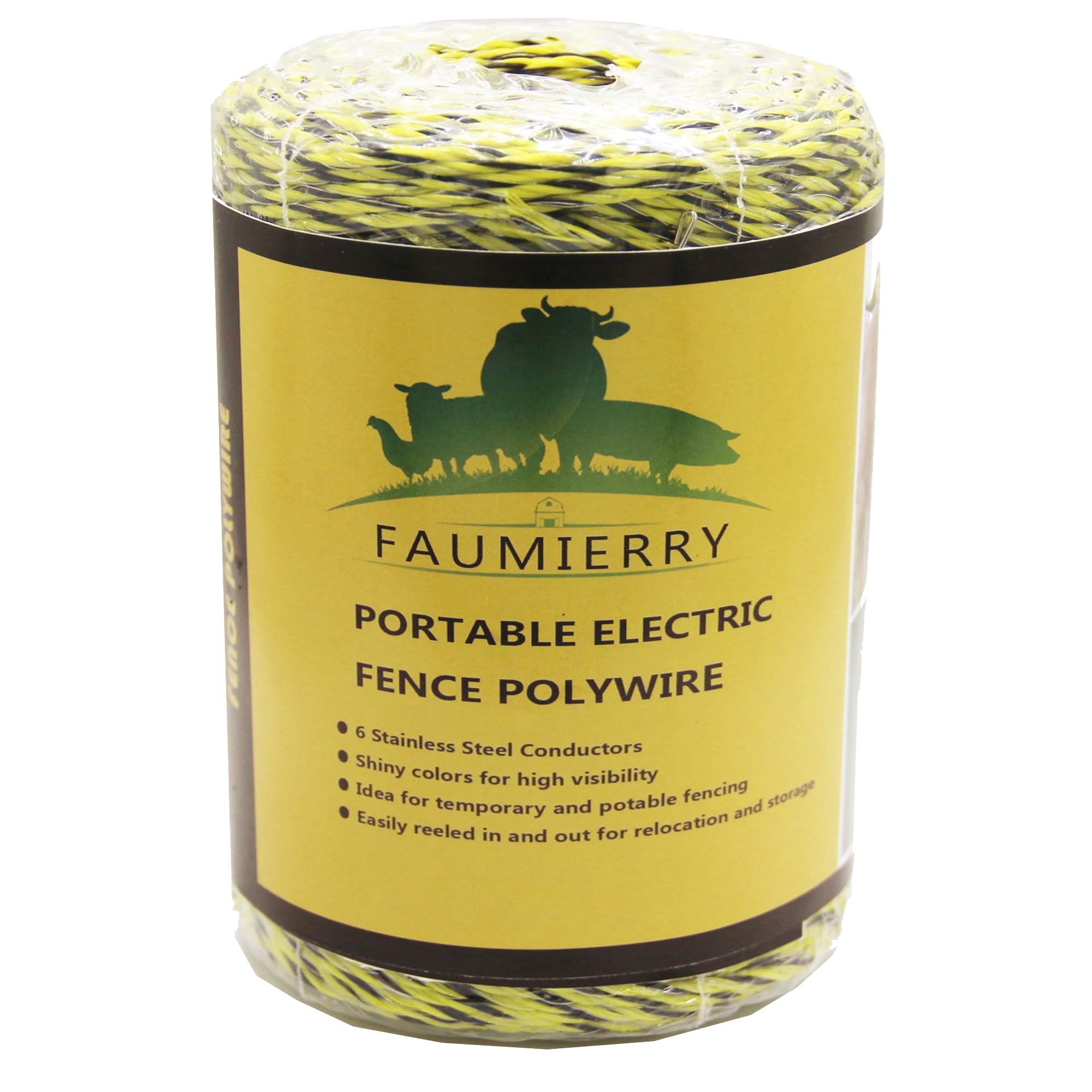FAUMIERRY polywire spool in yellow and black for portable fencing.
