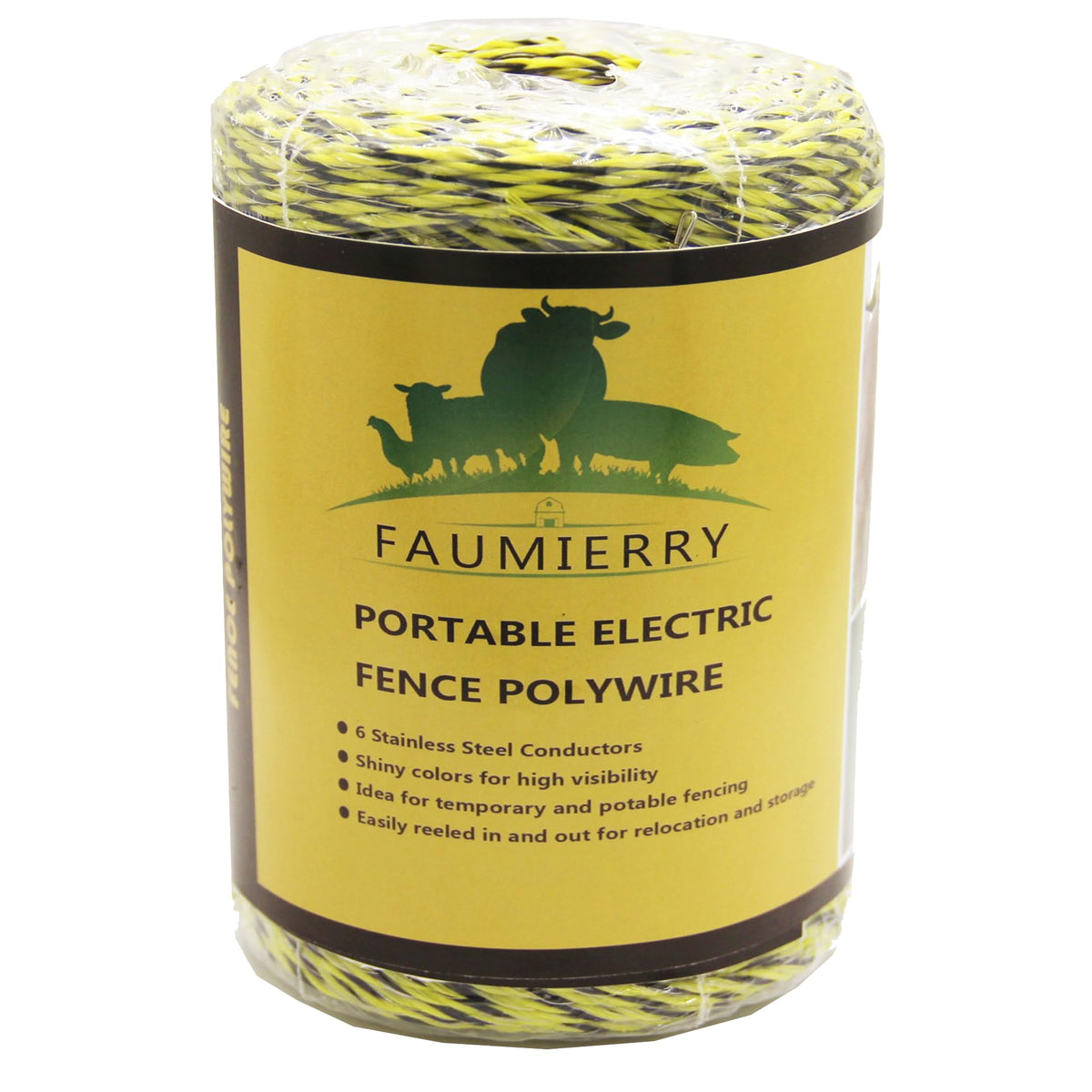 FAUMIERRY polywire spool in yellow and black for portable fencing.
